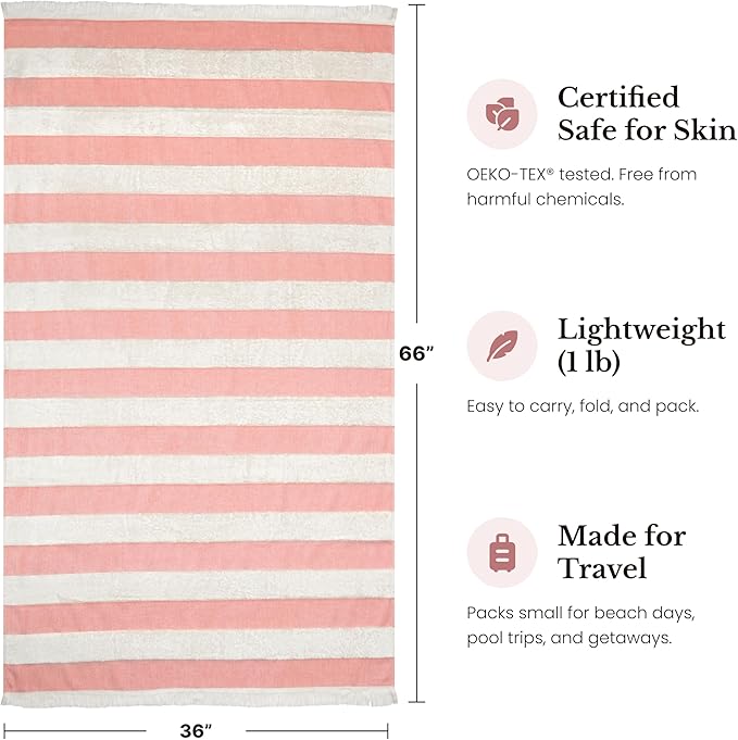Lightweight Turkish Beach Towel - 100% BCI Cotton, Unbleached Raw Fringe, Oeko-TEX Certified, Absorbent, Eco-Friendly, 36x66”, Coral Pink & Natural Stripes, Portable Sarong Blanket for Pool, Travel
