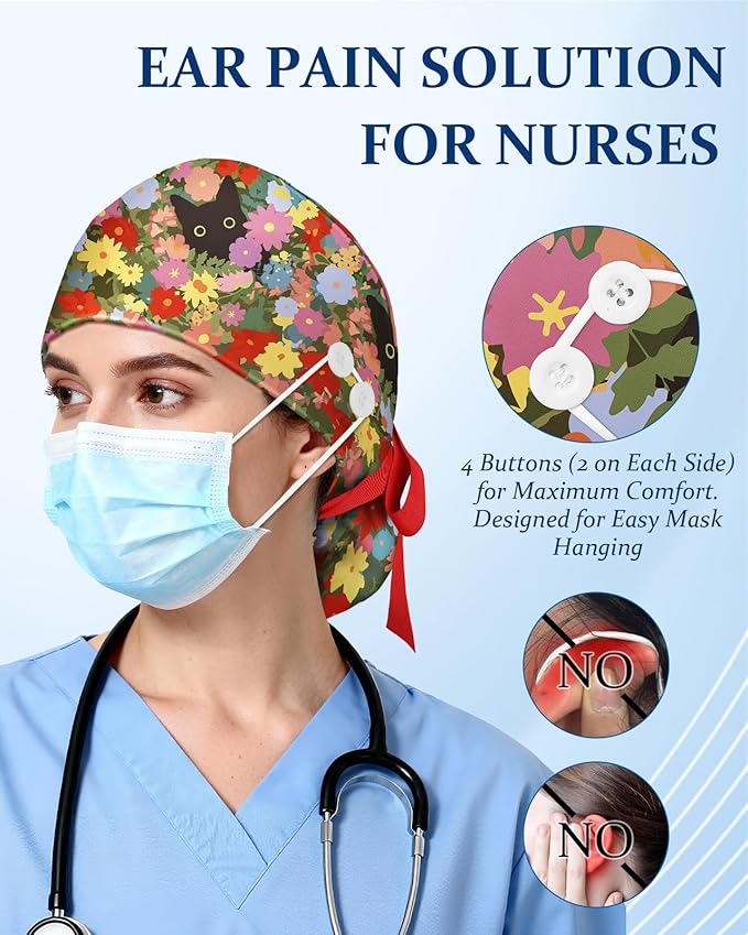Plifal 100% Cotton Scrub Cap with Buttons-Nurse Cap with Sweatband for Women, Adjustable Working Hat,Satin Lined or Unlined