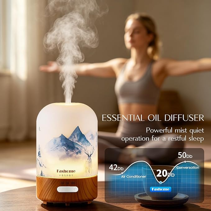 Essential Oil Diffuser, Hand Blown Glass Aromatherapy Diffuser, Ultrasonic Cool Mist Scent Aroma Humidifier, Diffuser Oil Machine Whisper Quiet with Auto Shut-Off for Home Bedroom Office(<25dB)