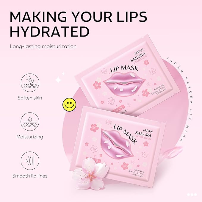 AKARY Sakura 10 Pieces Hydrating Lip Mask, Lip Sleep Mask Collagen Crystal Lip Care Gel Pads For Moisturizing, Minimize Fine Lines, Remove Dead Skin, Chapped Pads Lip Mask (10)