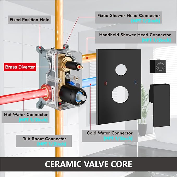 Midanya Shower System with Tub Spout,Bathtub Shower Faucet Set with Square Rainfall Head and Handheld Sprayer Wall Mount Tub Faucet Set with Valve and Trim Kit,12 Inch Matte Black