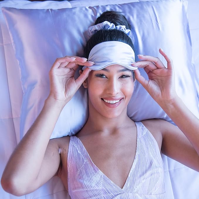 Vegan Silk Sleep Set, Vegan Silk Pillowcase with Large Scrunchie and Eye Mask for Hair and Skin, Self Care Essential Satin Night Routine Kit (Purple Color)