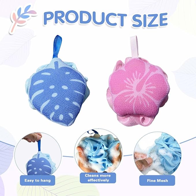 2Pcs Hawaiian Bath Sponge Loofah, Floral Leaf Shower Sponge Gentle Exfoliating Body Brush Tropical Print Bath Loofah,Loofah Sponge for Bathroom Beach Men Women and Children