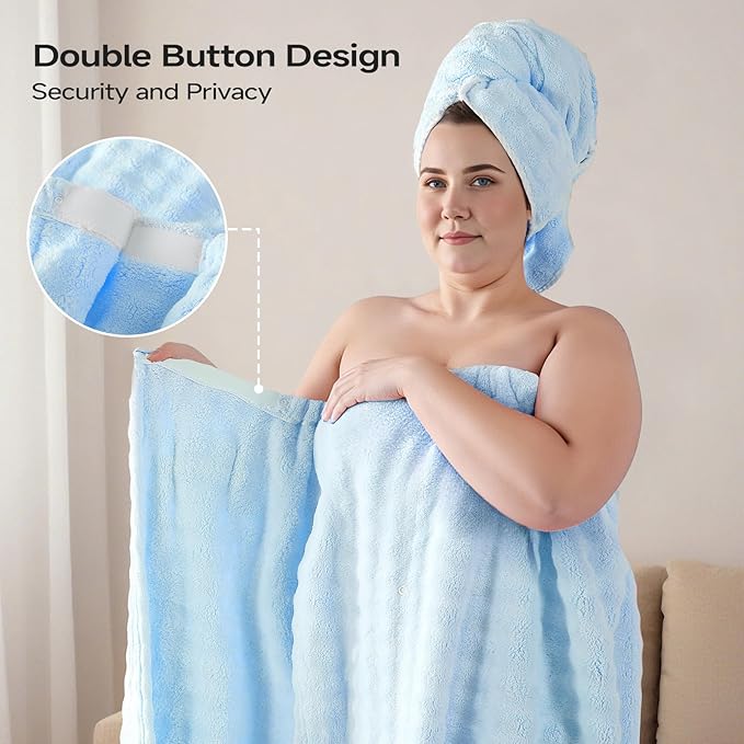 REDKISS Blue Plus Size Towel Wrap for Women, XL Adjustable Shower Wrap with Hair Towel, Super Absorbent Bath Towels Wrap for Body, Microfiber Plush Towel Wrap, Warmth Velcro Plus Size Wraps Towels