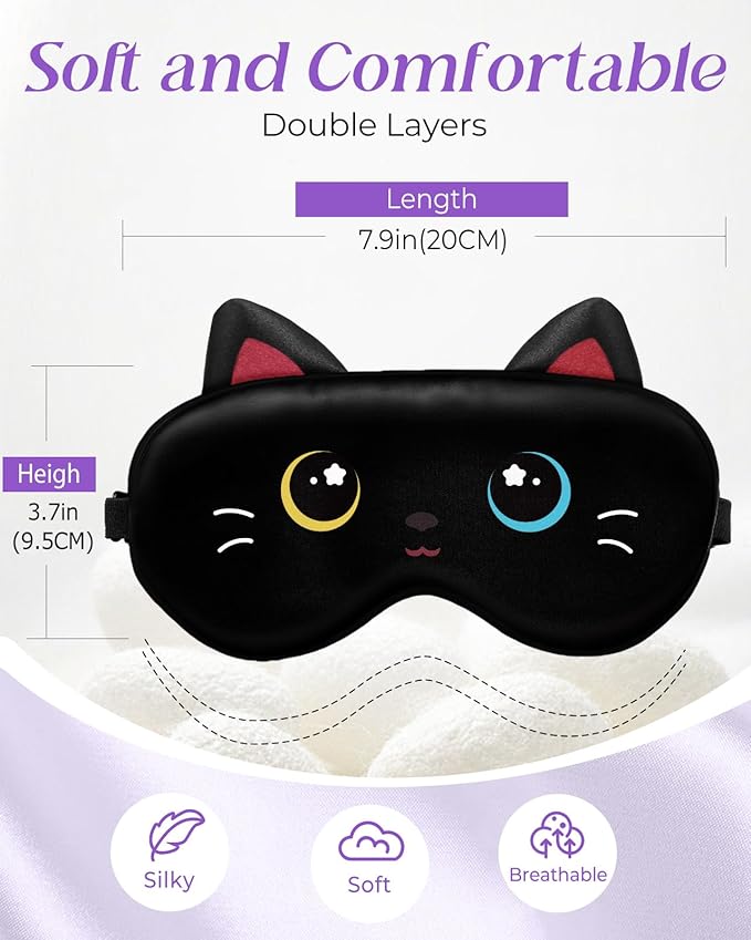 Miss Adola Sleep Mask for Kids - Valentines Gift for Kids Cute Silk Eye Cover for Sleeping Soft Kawaii Eyeshade Animal Eye Blindfold with Adjustable Strap for Girls Teens, Black Cat