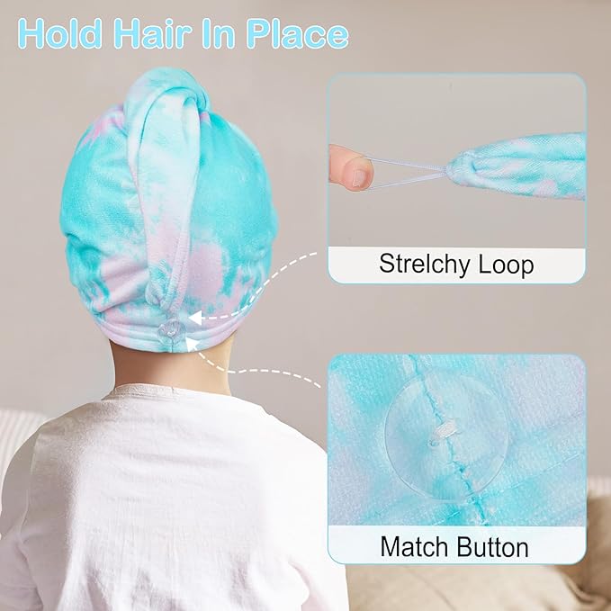 Basumee Microfiber Hair Towel Wrap for Kids 2 Pack Rapid Drying Hair Towel with Button Hair Turbans for Wet Hair Wraps Head Towel Wrap for Women and Girls