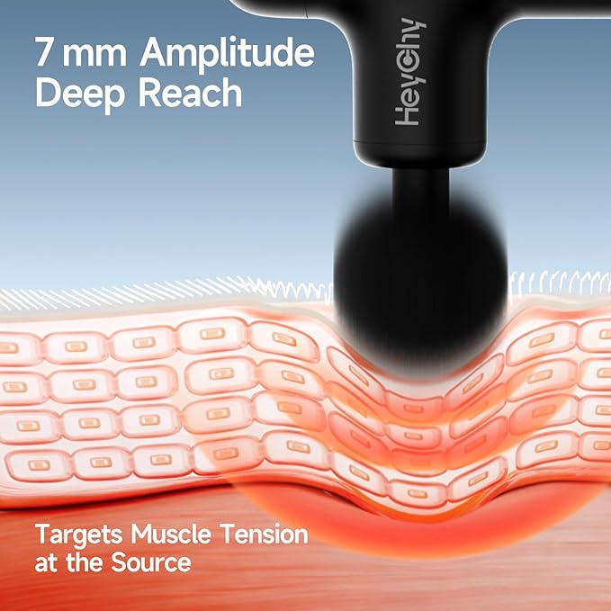 HEYCHY Super Mini Massage Gun Deep Tissue, Handheld Muscle Massager with 4 Heads, Percussion Travel Size Massager Gun for Back Pain Relief, Quiet for Home, Gym, Office, Perfect for Men & Women, Black