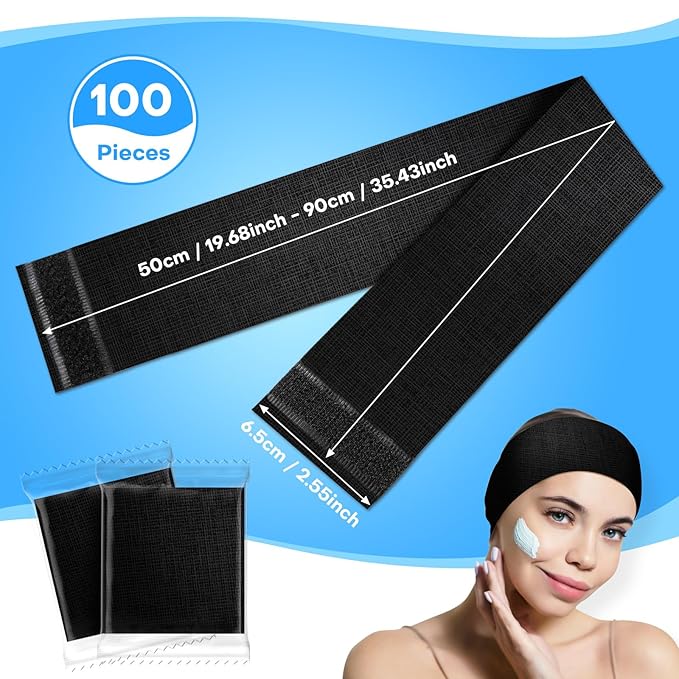 Noverlife 100PCS Disposable Spa Facial Headbands, Stretch Soft Skin Care Hair Band with Adjustable Magic Tape, Non-Woven Fabric Esthetician Headbands for Women Salon Travel Makeup Spa Headwraps