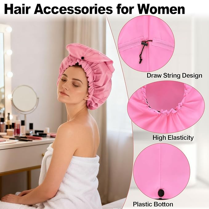 ELEBOX Extra Large Shower Cap for Braids/Curly Hair/Dreadlock | Reusable Waterproof Long Bonnets for Women Bath/Swim/Cooking/Cleaning/Spa | XL Bathing Cap with Adjustable Drawstring & Button, Pink