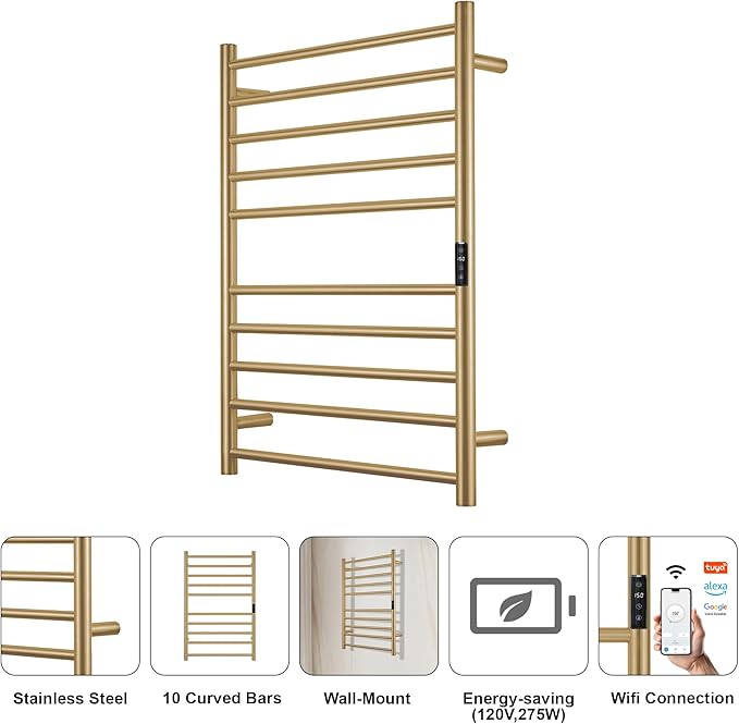 Electric Towel Rack with Voice Control for Alexa & Google Home,TUYA-Wall-Mounted Bathroom Heating Towel Warmer,Stainless Steel Material,31.5x20.08x4.41in,Plug-in,Gold，10 Bars