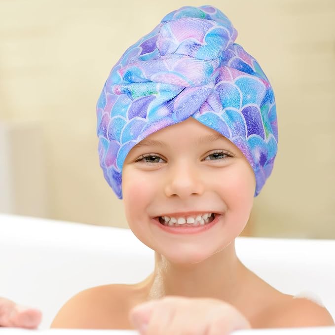 Basumee Microfiber Hair Towel Wrap for Kids 2 Pack Rapid Drying Hair Towel with Button Hair Turbans for Wet Hair Wraps Head Towel Wrap for Women and Girls, Light Mermaid