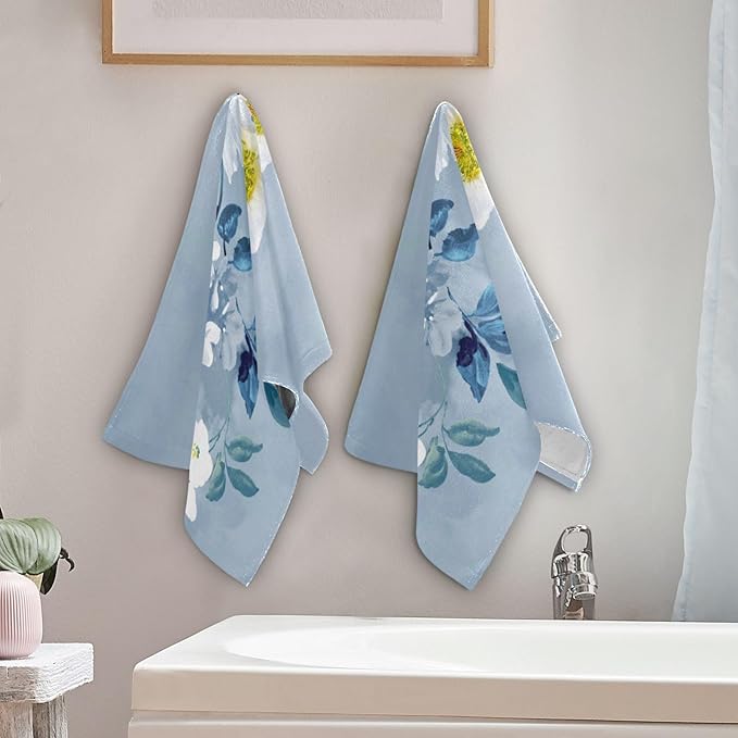 Blue White Floral Botanical Hand Towels for Bathroom Set of 2,Vintage Watercolor Navy Flower Leaf Decorative Bathroom Towels for Bath,Face,Hair,Soft Absorbent Dish Towels for Kitchen 28"x14"