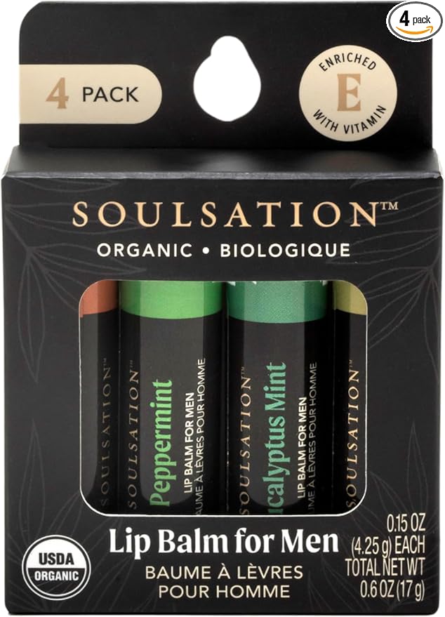 Soulsation Organic Lip Balm Set for Men - 4 Flavors - 100% Natural Moisturizing for Cracked & Dry Lips