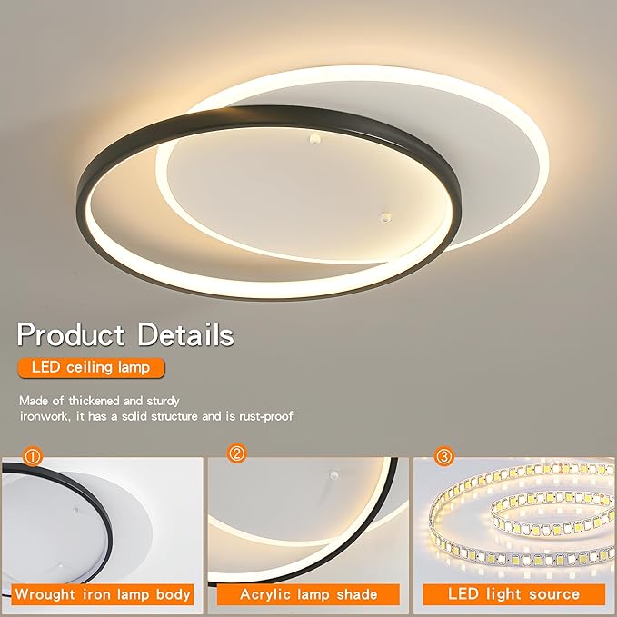 Shine LUEST Modern LED Ceiling Light Fixture Black Semi Flush Mount Light with Remote Control 19.69" Hallway Light Fixtures Ceilings Mount Dimmable Ceiling Lamp for Bedroom,Kitchen,Entryway