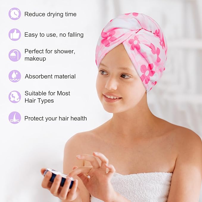 Basumee Microfiber Hair Towel Wrap for Kids 2 Pack Rapid Drying Hair Towel with Button Hair Turbans for Wet Hair Wraps Head Towel Wrap for Women and Girls
