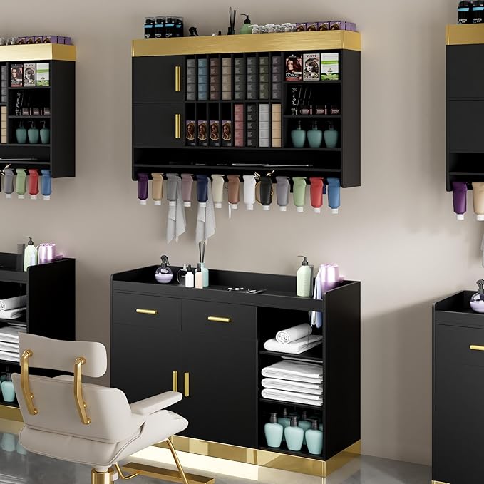 Salon Station Barber Color Bar with Drawers & Adjustable Shelves, Salon Storage Cabinet and Wall Mounted Hair Color Organizer for Salon Display, Black