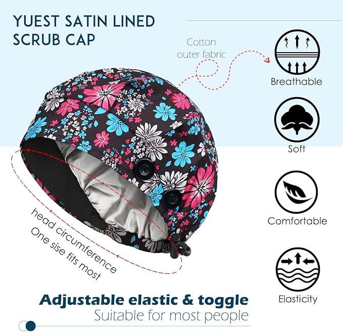 2 Pack Satin Lined Bouffant Scrub Caps with Buttons, Adjustable Scrub Caps for Women Men