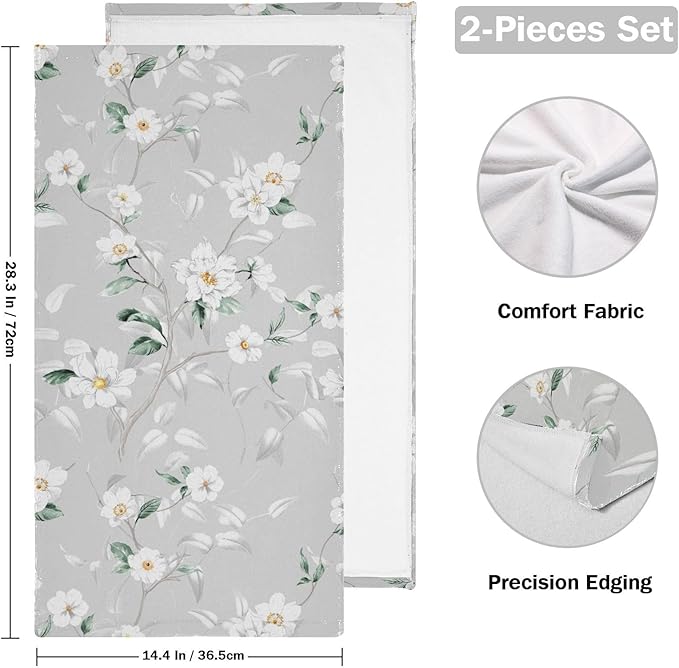 White Grey Blossom Flower Hand Towels for Bathroom Set of 2,Gray Green Leave Branches Floral Decorative Bathroom Towels for Bath,Face,Hair,Soft Absorbent Dish Towels for Kitchen Decor 28"x14"