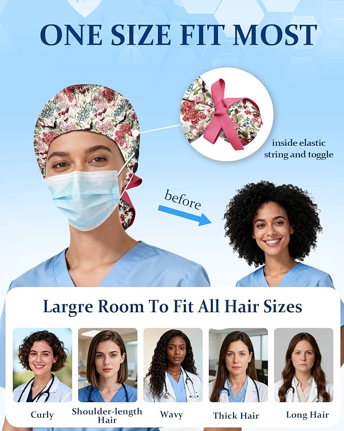 Plifal 100% Cotton Scrub Cap with Buttons-Nurse Cap with Sweatband for Women, Adjustable Working Hat,Satin Lined or Unlined