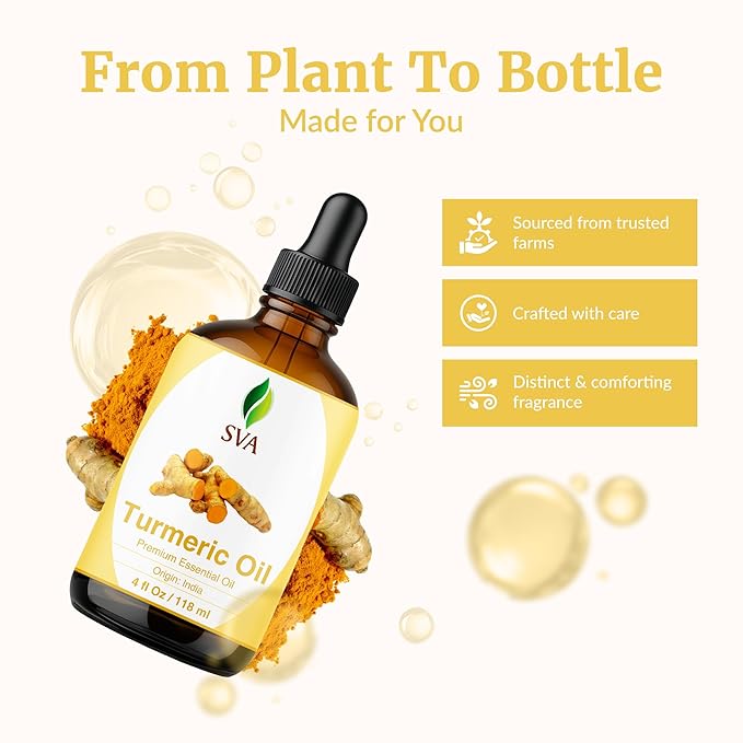 SVA Turmeric Essential Oil – 4 Fl Oz – 100% Natural Turmeric Oil - for Diffuser, Hair Care, Face, Skin Care, Aromatherapy, Scalp and Body Massage, Soap and Candle Making – with Dropper