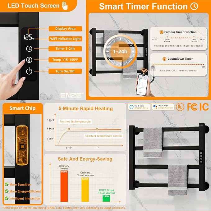 ENZE Smart Heated Towel Rack, 4-Bar Wall-Mounted Electric Towel Warmer 115W, Wi-Fi App Control & LED Touch Screen, Adjustable Temperature & 24H Timer, IPX5, Plug-in/Hardwired, Matte Black