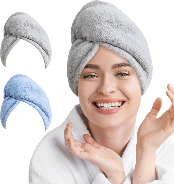 2 Pack Microfiber Hair Towel Wrap for Women Super Absorbent Quick Dry Hair Turban for Drying Curly, Long & Thick Hair 10 inch X 26 inch Lightgrey+SkyBlue