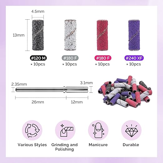MelodySusie Nail Drill Bits, 10Pcs Diamond Sanding Bit Set with 40pcs Small Sanding Bands (#120#180#240 Grits) with 3.1mm Mandrel Bit, Nail Gel Polish Remover Tool for Acrylic Nails Manicure Nail Prep