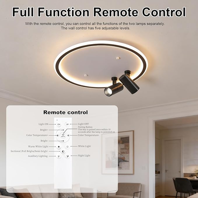 Shine LUEST Modern LED Bedroom Ceiling Light, 2 Adjustable Spotlights, Dimmable Round Close to Ceiling Lamp, Black White Minimalist Lighting for Living Room Bedroom Kitchen Dining Room