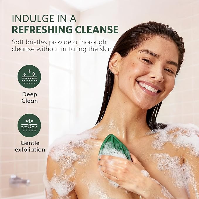 Sndyi Silicone Body Scrubber, Gentle Exfoliating Body Scrubber for Sensitive Skin, Leaf Shaped Shower Scrubber for Body with Lathering Bristles, Silicone Loofah Body Brush for Showering, Evergreen