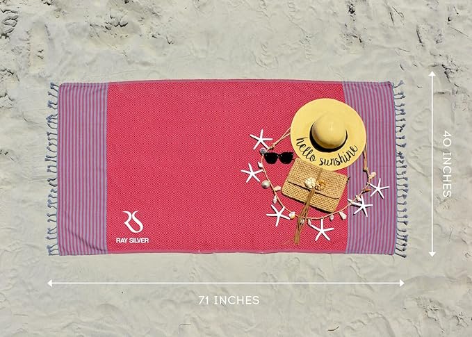 RAY SILVER Turkish Beach Towel – 100% Turkish Cotton 40"x71" Quick Dry Oversized Beach Towel Sand Free Lightweight Turkish Towel for Travel Camping Bath Sauna Beach Pool Gym Yoga
