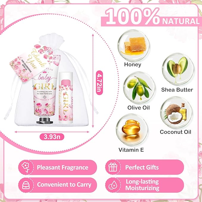 VISCOO 45 Sets Baby Shower Hand Cream and Lip Balm Gifts, Baby Shower Party Favors for Guests, Hand Cream Set for Bridal Wedding Thank You Gifts with Card Organza Bag, Travel Size (Girl)