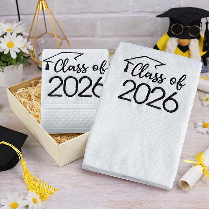 MASHAN Class of 2026 Graduation Hand Towels 3 Pack,100% Cotton Soft Absorbent Bathroom Towels,Senior 2026 Graduation Gift for Girls Boys,Black Decorative Towels 14x30 Inch