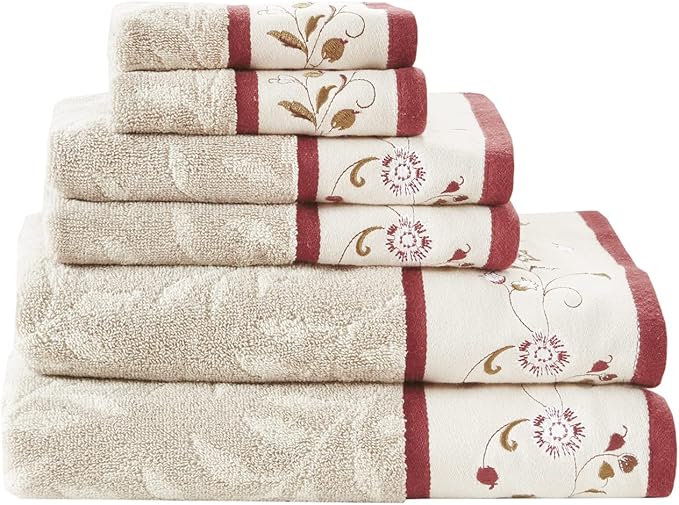 Madison Park Serene 100% Cotton Bath Towel Set Luxurious Floral Decorative Towels for Bathroom Embroidered Cotton Jacquard Design Soft Highly Absorbent for Shower 600 GSM, Multi-Sizes, Red 6 Piece