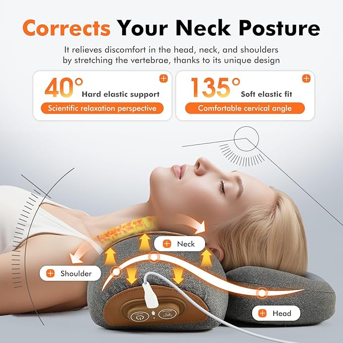Neck Pillow - 3-in-1 Neck Massage Pillow with Battery for Shoulder Pain Relief, Deep Tissue Pain Relief with Heat and Stretching, Neck Hump Corrector for Women, Travel Pillow