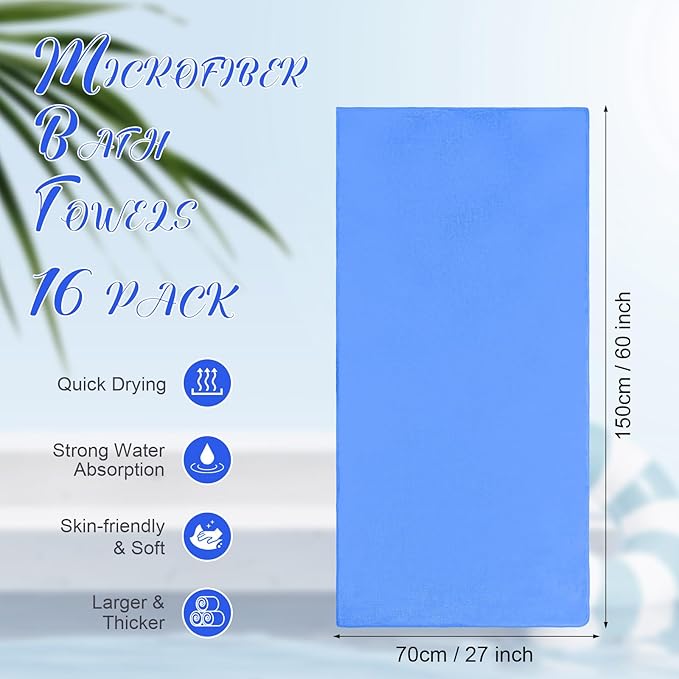 SmoothNovelty 16 Pack Microfiber Bath Towels Bulk 27'' x 60'' Oversized Beach Towel Highly Absorbent Extra Large Soft Drying for Shower Pool Salon Sauna Bathroom Gym Party (Simple,Royal Blue)