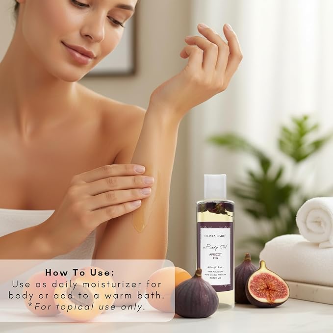 Olivia Care Body Oil Apricot Fig Vegan & Natural Moisturizing - Infused with VITAMIN E, K & Omega Fatty Acids - Refreshing Fragrance - Reduce Dry Skin, Anti-Aging Properties (Apricot Fig)