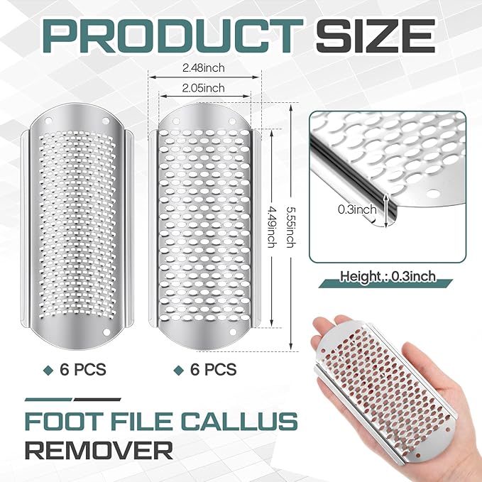 Moxweyeni 12 Pack Silver Foot File Callus Remover Replacement Blades Metal File Callus Remover Hard Skin Remove Stainless Steel 2 Designs Big/fine Hole for Detachable Foot Scrubber