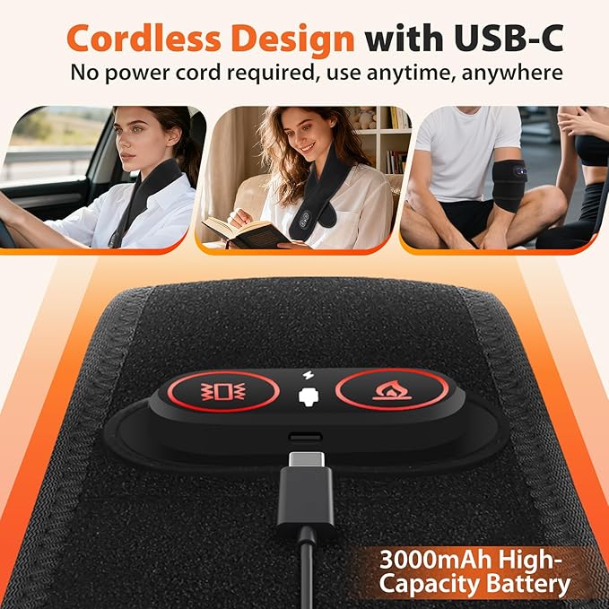 Neck Heating Pad with Massage, Heating Neck Wrap with 660nm 850nm Red Light, with 3000mAh Rechargeable, 3 Levels Heat & 3 Vibration Modes, Electric Nape Heating Pad for Soreness Stiffness