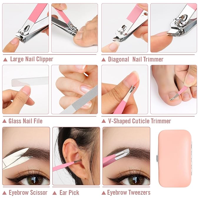 Manicure Set Women Nail Kit with Nail Clippers Eyebrow Tweezers Glass Nail File with Case Manicure Pedicure Kit Grooming Kit Personal Care Tools for Home Outdoor Travel Gift Giving Salon