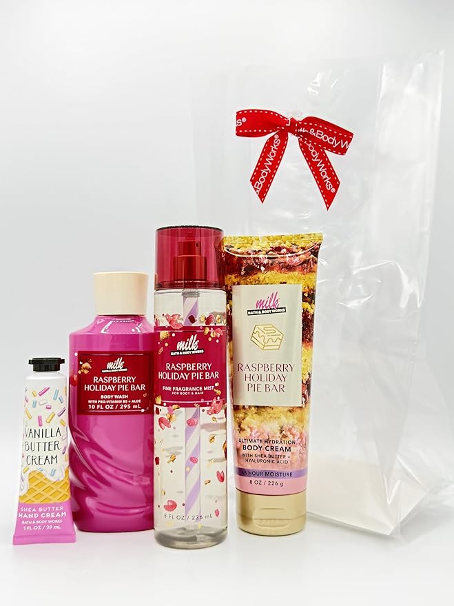 Bath & Body Works Milk Raspberry Holiday Pie Bar 4-Piece Gift Set | Includes: Body Wash, Fine Fragrance Mist, Ultimate Hydration Body Cream and Vanilla Butter Cream Hand Cream