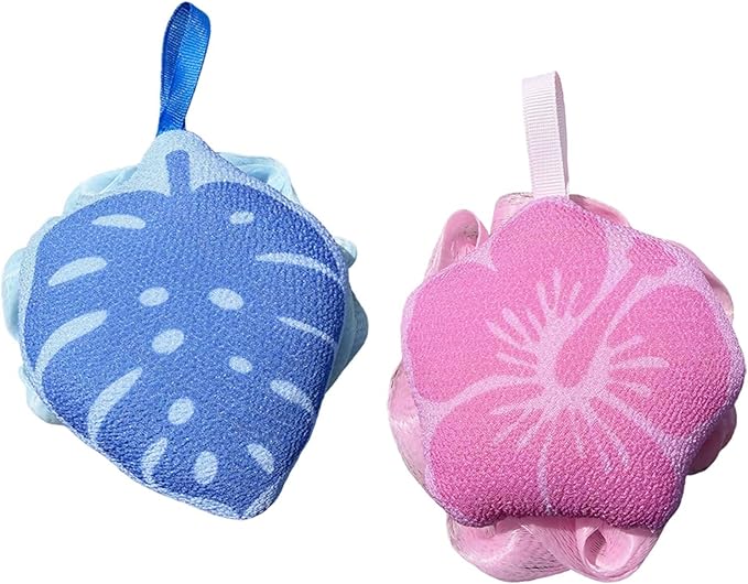 2Pcs Hawaiian Bath Sponge Loofah, Floral Leaf Shower Sponge Gentle Exfoliating Body Brush Tropical Print Bath Loofah,Loofah Sponge for Bathroom Beach Men Women and Children