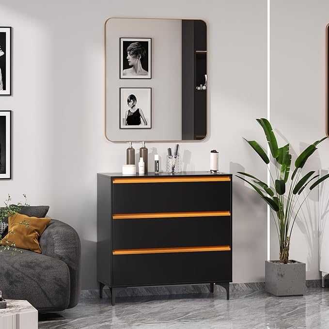 OmySalon Salon Station for Hair Stylists, Barber Free Standing Styling Cabinet with 3 Drawers, Square Mirror & Hair Dryer Holders, Modern Black Gold Beauty Dresser for Salon, Spa, Home