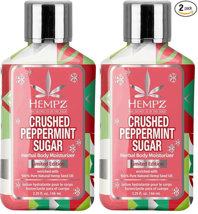 Hempz Mini Crushed Peppermint Sugar Herbal Body Lotion, Moisturizer for men and women, Holiday Gifts, 2.25 oz (Pack of 2)
