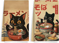 2PCS Vintage Japanese Cat Kitchen Towels, Quirky Ramen Cat Reusable Absorbent Waffle Weave Dish Tea Towels for Cleaning Cooking, Microfiber Kitchen Towel, Cats Lovers Gifts for Women Noodle Lover