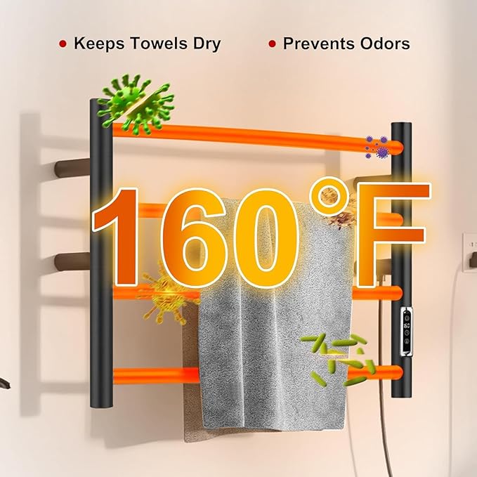 Heated Towel Racks for Bathroom, Wall Mounted Electric Towel Warmer Racks with Timer & Temperature Control, 4 Bar Stainless Steel Towel Heater for Bathroom,Plug-in,Black