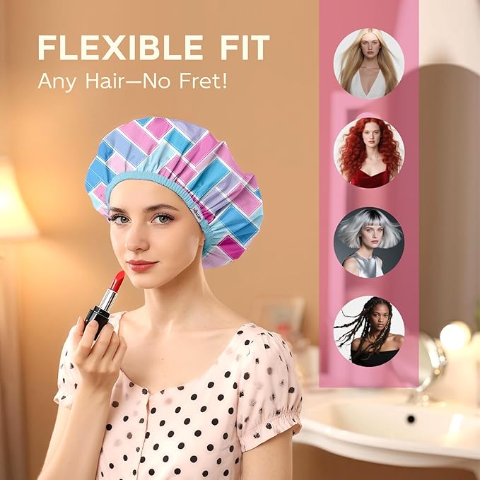 Years calm Waterproof Shower Cap for Women - Double-Layer Reusable Bath Cap with Elastic Band for Long/Short/Curly/Braids Hair, Washable & Travel-Friendly, Fit for Shower, Spa (Lattice Shower Cap)