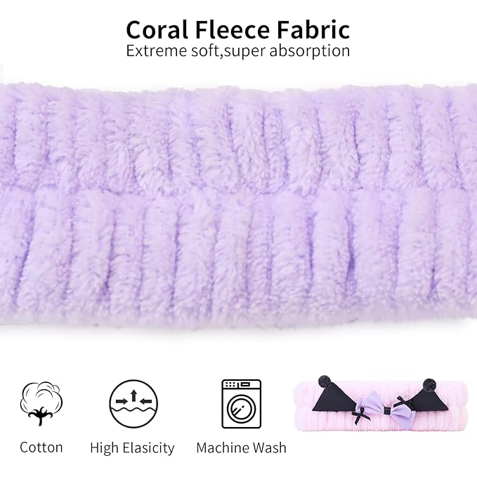 Spa Headband for Washing Face, 2 Pack Cute Hair Band for Shower Yoga Beauty, Fluffy Makeup Headband, Kawaii Facial Headbands for Woman Girls,Purple+Pink Ear