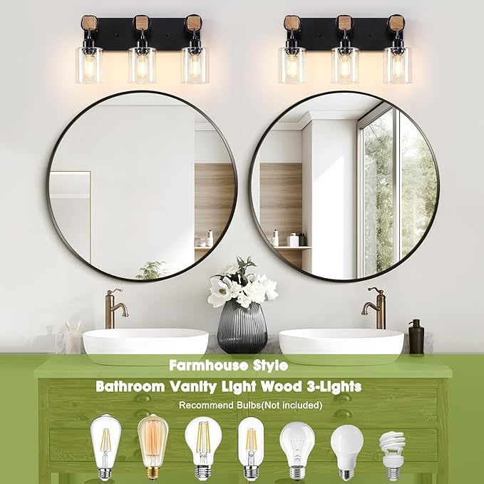 Licperron Farmhouse 3-Lights Wood Bathroom Vanity Light, Rustic Black Bathroom Light Fixtures Over Mirror, Vintage Vanity Wall Sconce Light with Clear Glass Shades for Living Room, Bedroom, Hallway