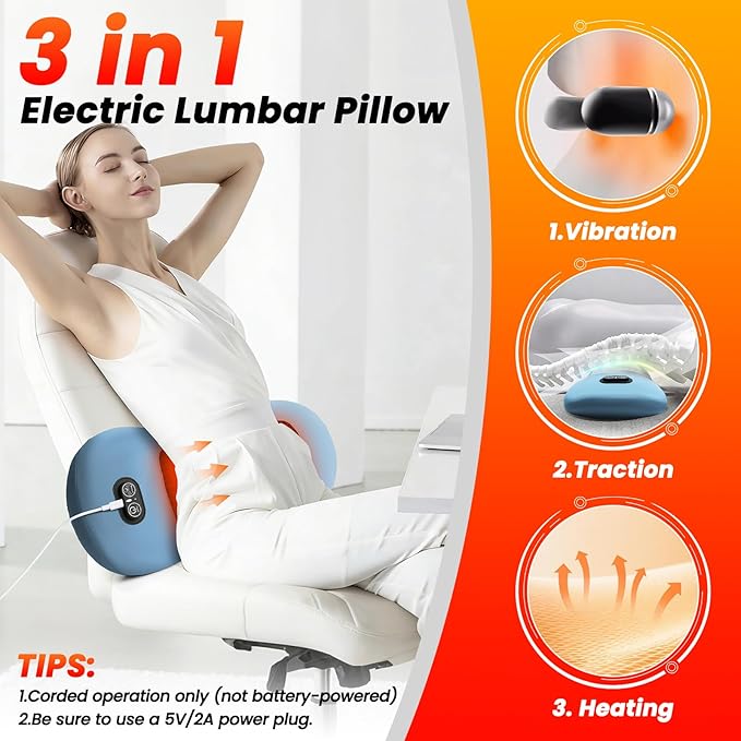 3-in-1 Electric Lumbar Support Pillow - Triple Fusion Back Massager with Heat, Vibration and Tractionage, Ergonomic Memory Foam Lower Back Massager for Pain Relief Deep Tissue, Blue