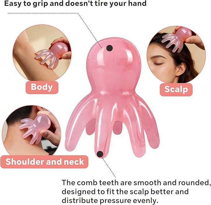 4 Pcs All-in-One Head Massager Set: Scalp Comb, Gua Sha, Octopus & Five Claw Tool for Stress Relief, Relaxation, Acupressure - Gift for Christmas, Birthday, Mother's Day, Father's Day (Pink)